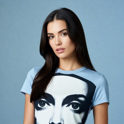 Woman in blue t-shirt with face print