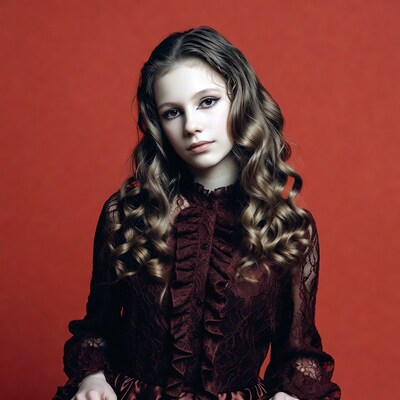 Girl in maroon lace dress on red background