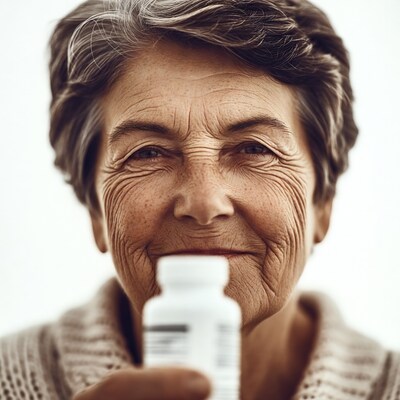 Elderly woman holding pill bottle