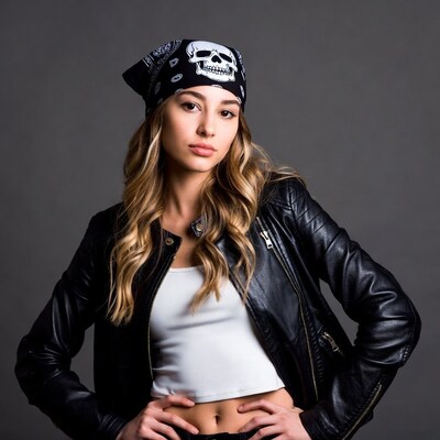 Woman in skull bandana and leather jacket