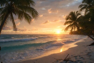 Tropical Beach Sunset with Palm Trees