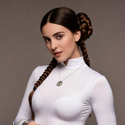 Woman with braided hair in white turtleneck