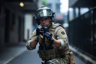 Soldier aiming rifle in urban alley