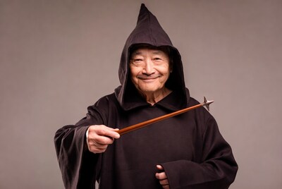 Elderly Asian man in wizard robe with wand