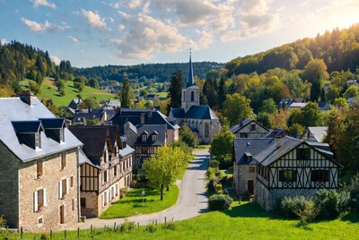 Alsace village with church and autumn hills