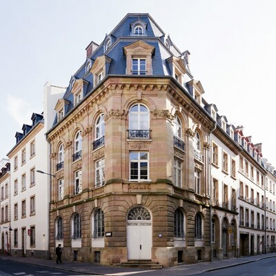 Ornate sandstone corner building Strasbourg street