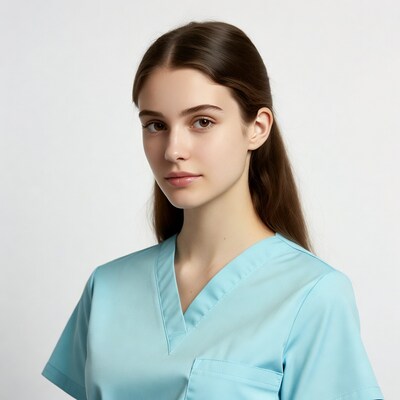 Young woman in blue scrubs