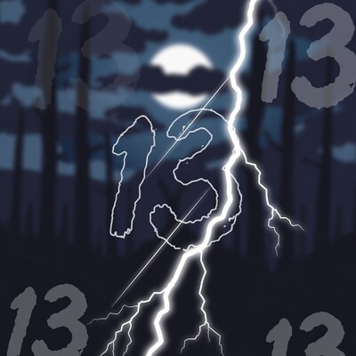 Number 13 in stormy night forest