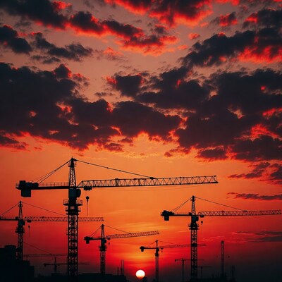 Cranes silhouetted against sunset sky