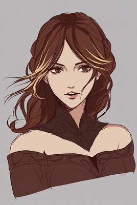 Anime girl with brown hair and off-shoulder dress