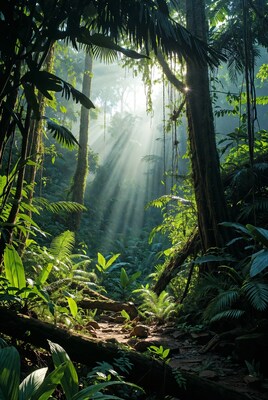 Sunlight rays in dense jungle forest