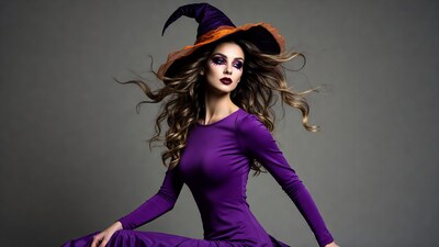 Woman in witch hat and purple dress