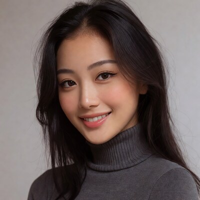 Asian woman smiling in gray turtleneck