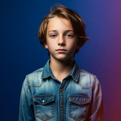 Boy in denim jacket blue background