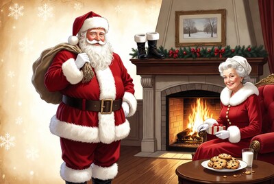 Santa Claus and Mrs. Claus by Fireplace
