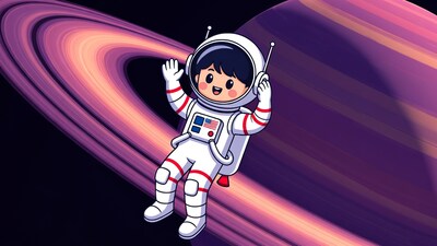 Cartoon boy astronaut near Saturn