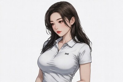 Asian woman in tight white polo shirt