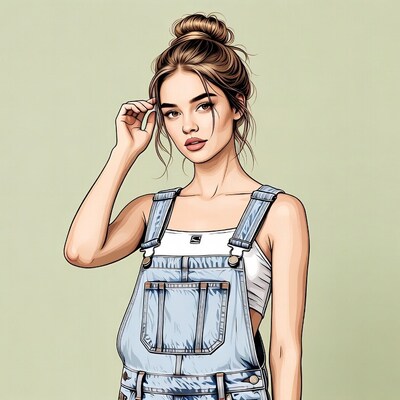 Woman in denim overalls touching hair
