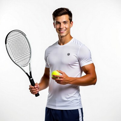 Handsome man holding tennis racket and ball