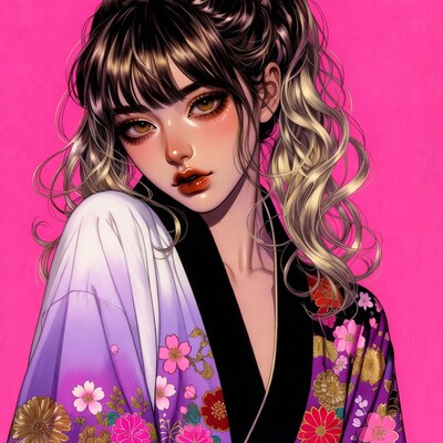 Asian woman in floral kimono illustration