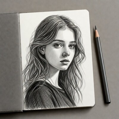 Pencil sketch portrait of young woman