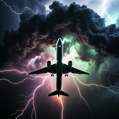 Airplane Flying Through Lightning Storm