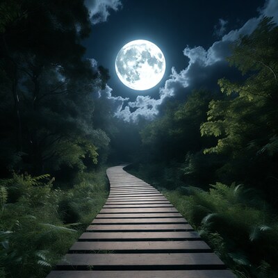 Moonlit Wooden Path in Forest
