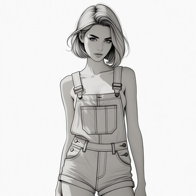 Blonde woman in short overalls