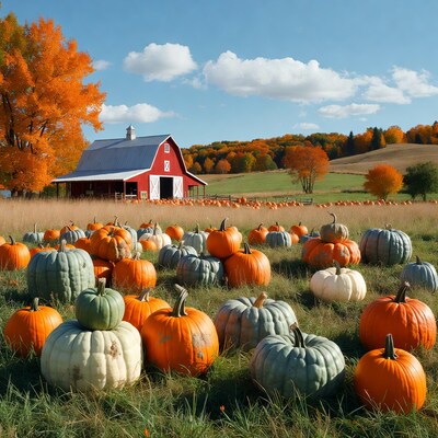 Red Barn with Pumpkins and Autumn Landscape