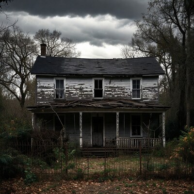 Abandoned house in stormy woods