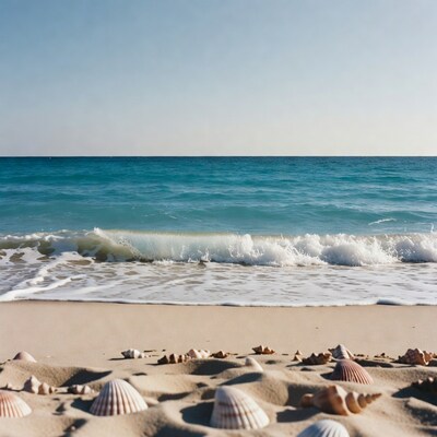 Seashells on beach with ocean waves