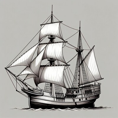 Sailing Ship Illustration on Sea