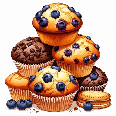 Stack of Blueberry Chocolate Muffins Illustration