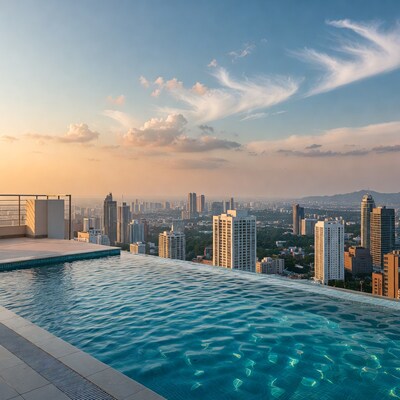 Infinity Pool Over City Skyline Sunset