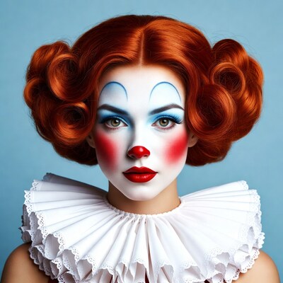 Woman in red-haired clown makeup