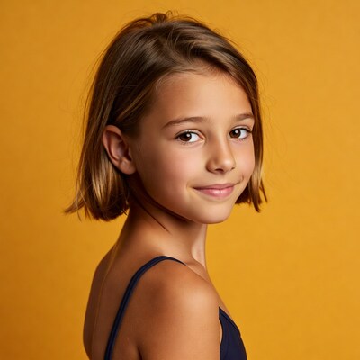 Smiling girl in blue swimsuit on yellow background
