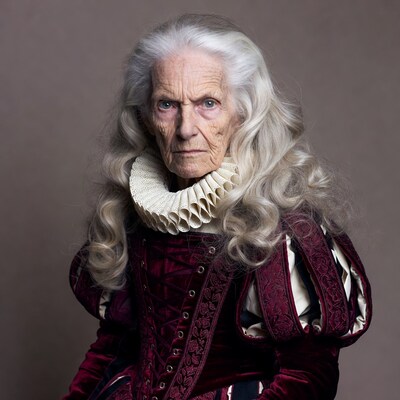 Elderly woman in Elizabethan gown