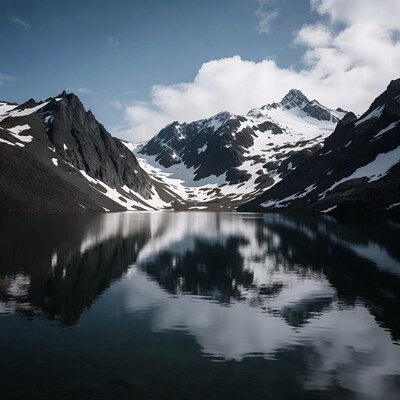 Mountain Lake with Snowy Peaks Reflection