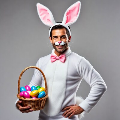 Man in bunny costume holding Easter eggs