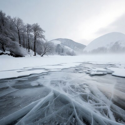 Frozen River with Snowy Mountains and Trees