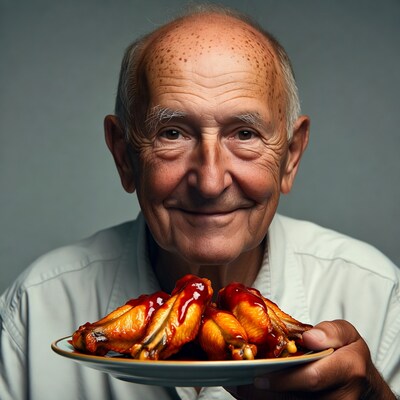 Elderly man holding chicken wings