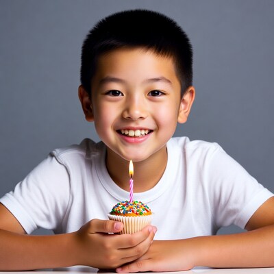 Asian boy holding birthday cupcake