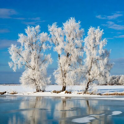 Frost-covered trees by frozen lake