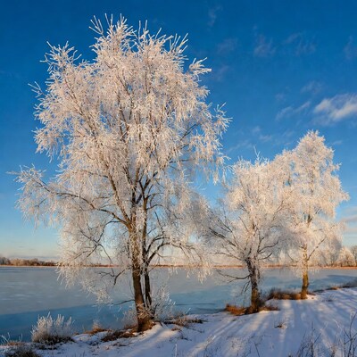 Frost-covered trees by frozen lake