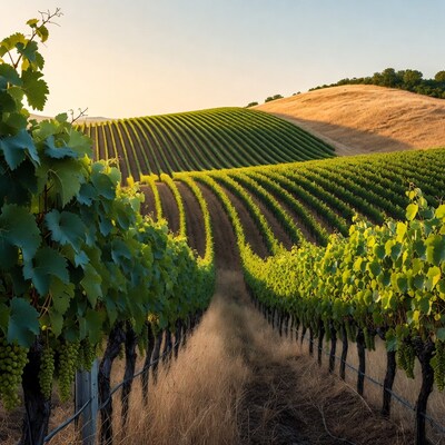 Vineyard Rows at Golden Hour Sunset