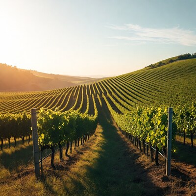 Vineyard rows at golden hour sunset