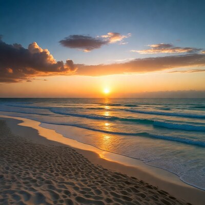 Sunset over beach with waves