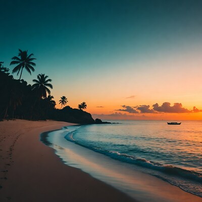 Tropical Beach Sunset with Palm Trees