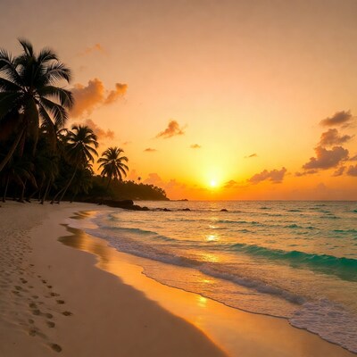 Sunset over tropical beach with palm trees