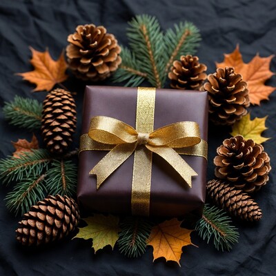 Gift Box with Pine Cones and Autumn Leaves